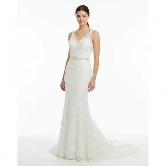 Elegant Lace Wedding Dress V Neck Beaded Sash Trumpet Silhouette sz 4-6